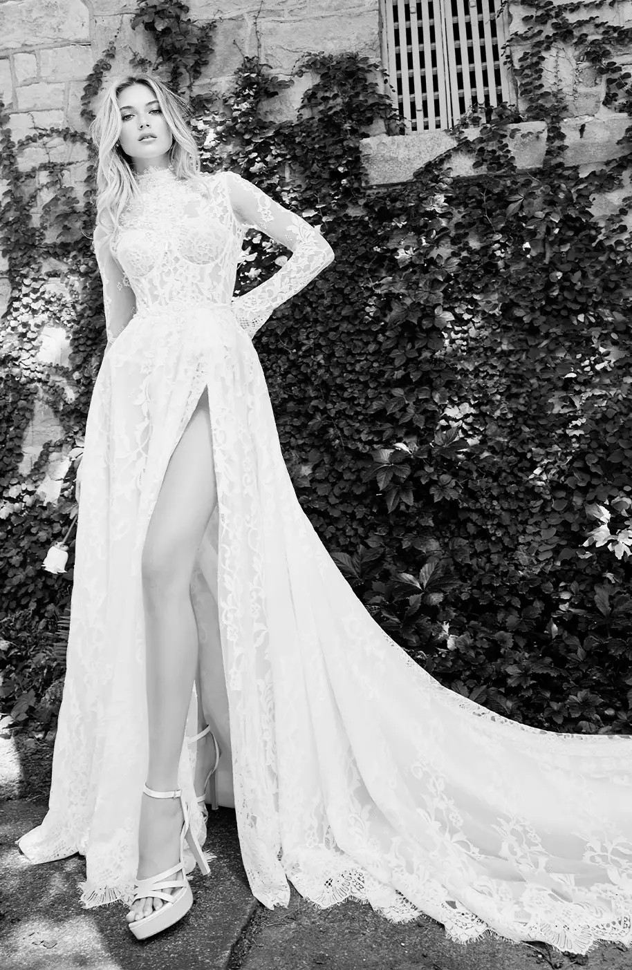 Model wearing a white gown by Idan Cohen - black and white image