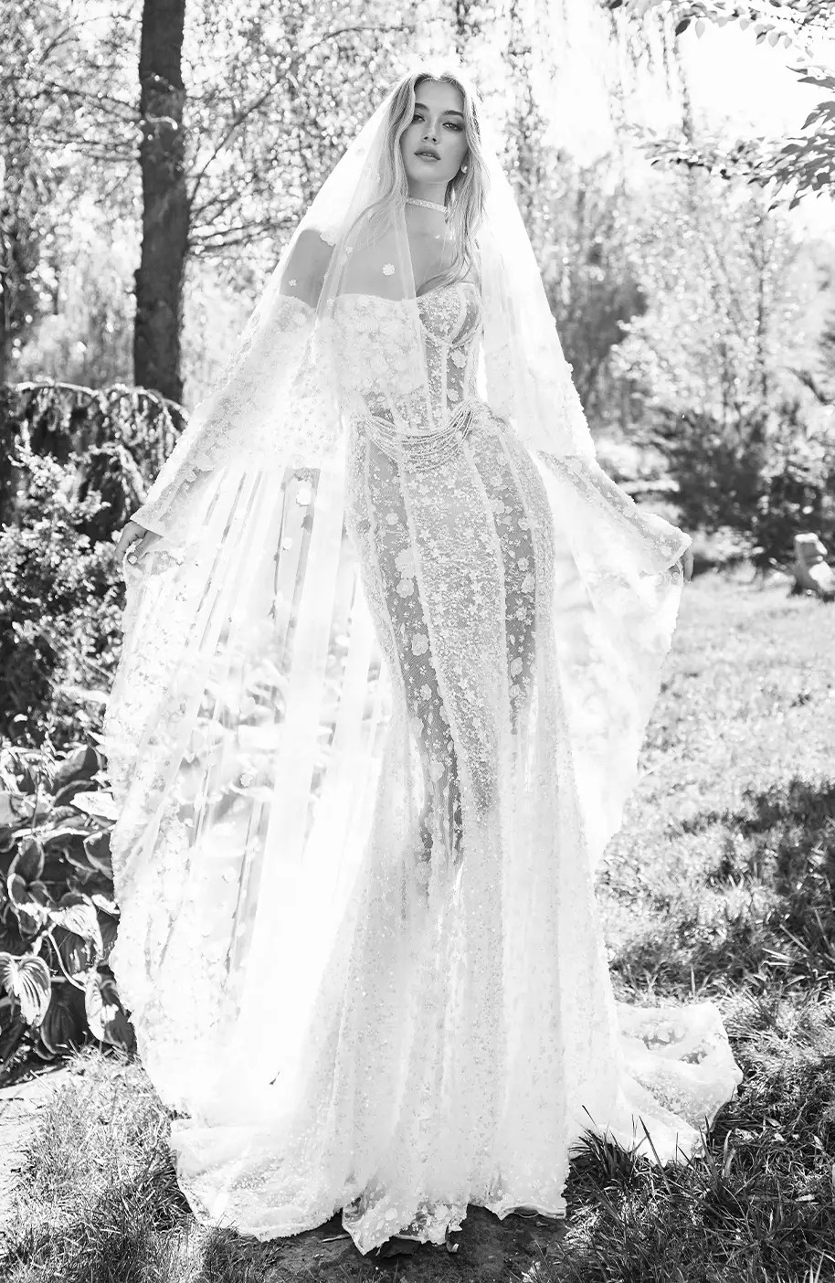 Model wearing a white gown by Idan Cohen - black and white image