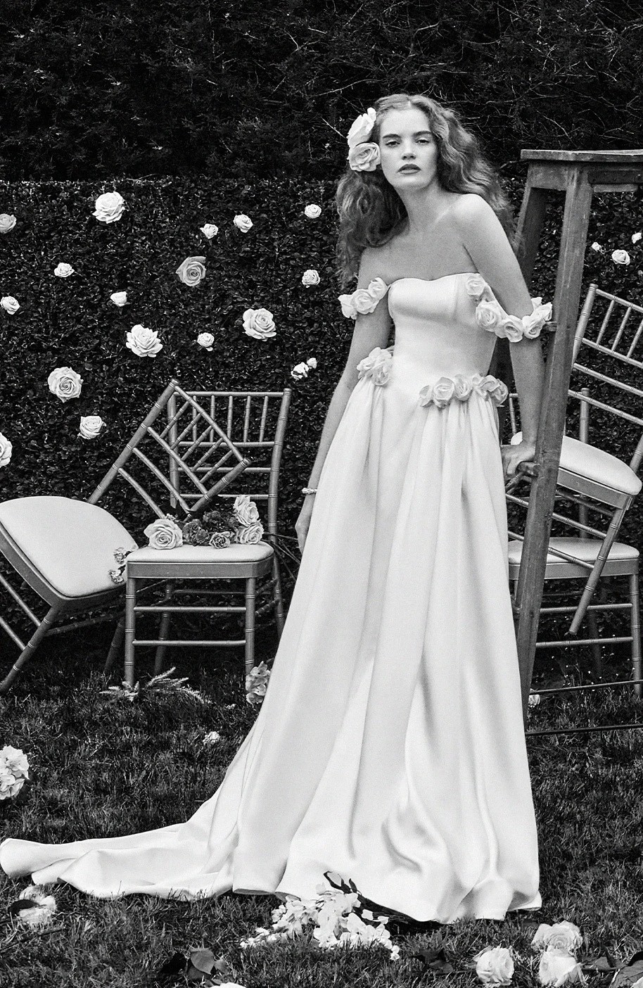 Model wearing a white gown by Idan Cohen - black and white image